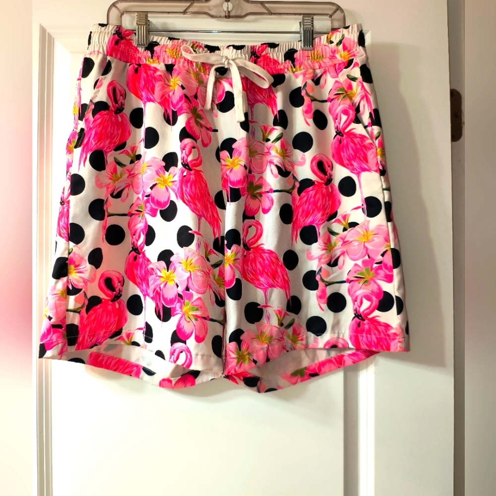 Jogal Flamingo Print Men's Swim/Lounge Shorts – Size L – Drawstring Waist –